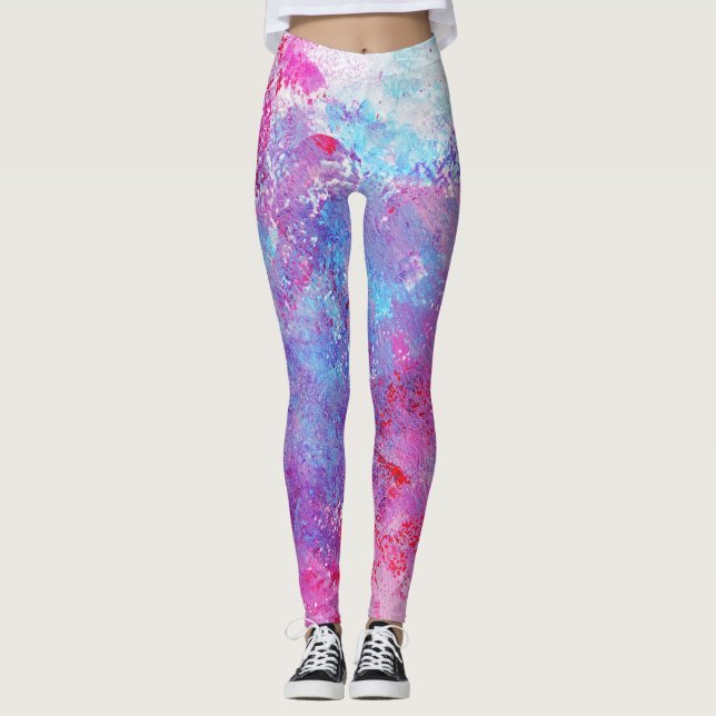 Creative pink-blue texture, paint blots. leggings (Front)