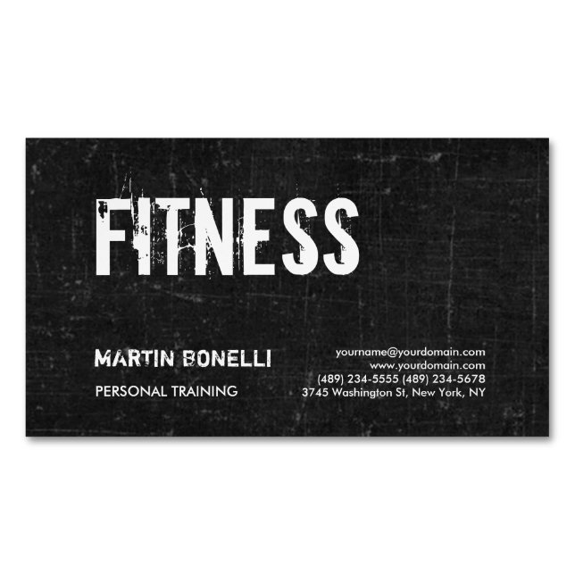 Creative Retro Black Grey Dynamic Personal Trainer Magnetic Business Card (Front)