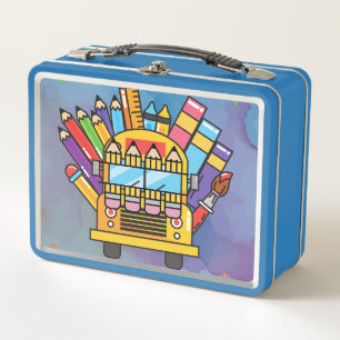 Creative School Bus Made of School Supplies Metal Lunch Box