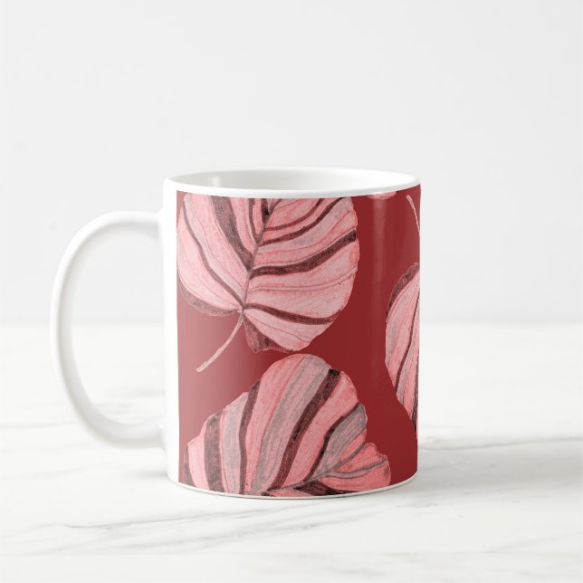 Creative seamless pattern with tropical leaves and coffee mug (Left)