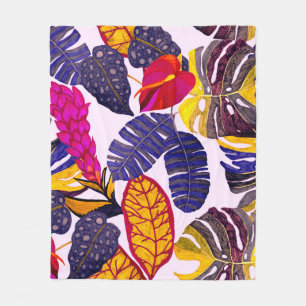 Creative seamless pattern with tropical leaves and fleece blanket