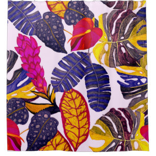 Creative seamless pattern with tropical leaves and shower curtain