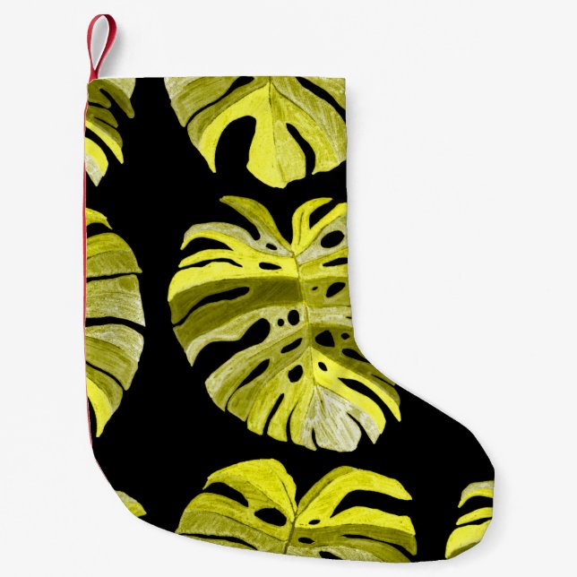 Creative seamless pattern with tropical leaves and small christmas stocking (Front)