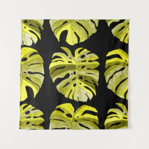Creative seamless pattern with tropical leaves and tapestry