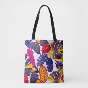 Creative seamless pattern with tropical leaves and tote bag