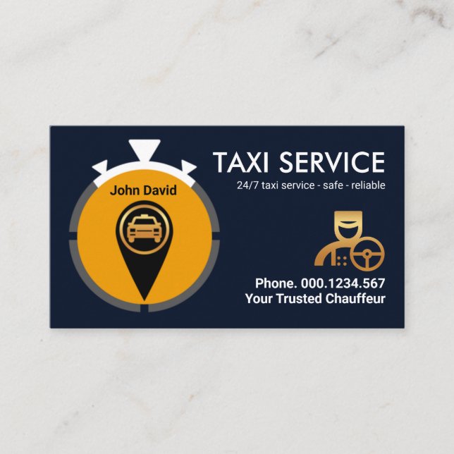 Creative Stopwatch Location Icon Taxi Business Card (Front)