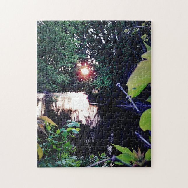 Creative sunrise woods water photo jigsaw puzzle (Vertical)