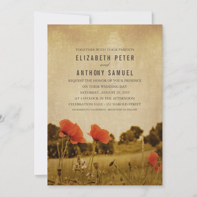 Creative Unique Rustic Country Poppy Wedding Invitation (Front)