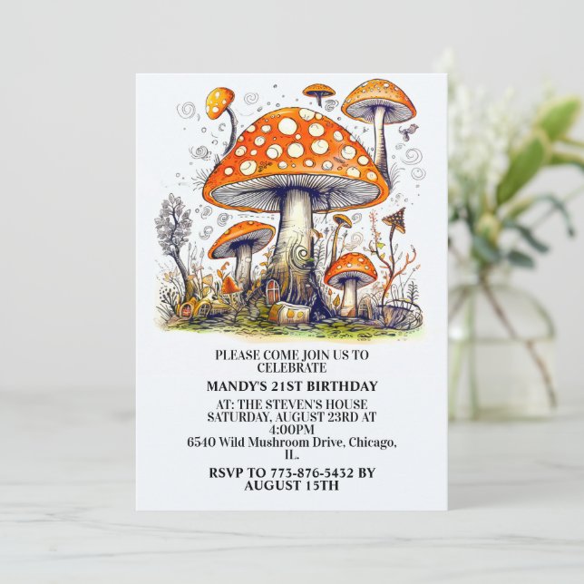 Creative Wild Mushroom Forest Art Birthday Party Invitation (Standing Front)