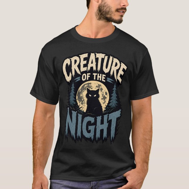 Creature of the Night Spooky Black Cat T-Shirt (Front)