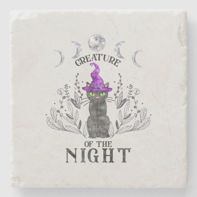 Creatures of the Night – Halloween Black Cat Stone Coaster (Front)