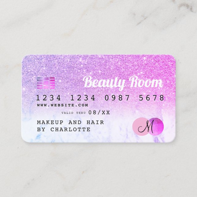 Credit card beauty pink glitter marble monogram (Front)