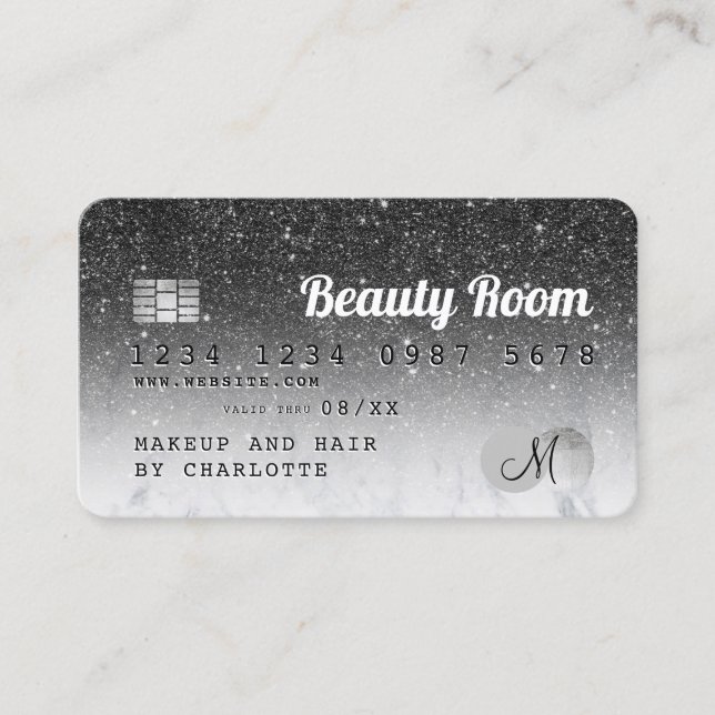 Credit card black glitter marble beauty monogram (Front)