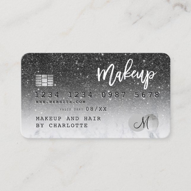 Credit card black glitter marble chic monogram (Front)