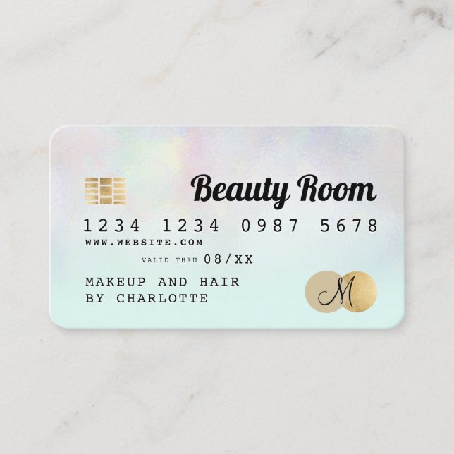 Credit card holographic teal ombre beauty monogram (Front)