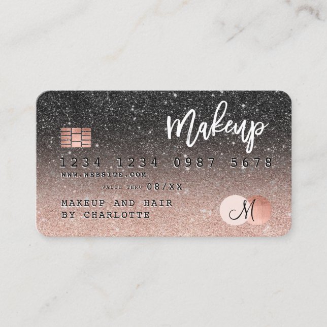 Credit card rose gold black glitter hair monogram (Front)