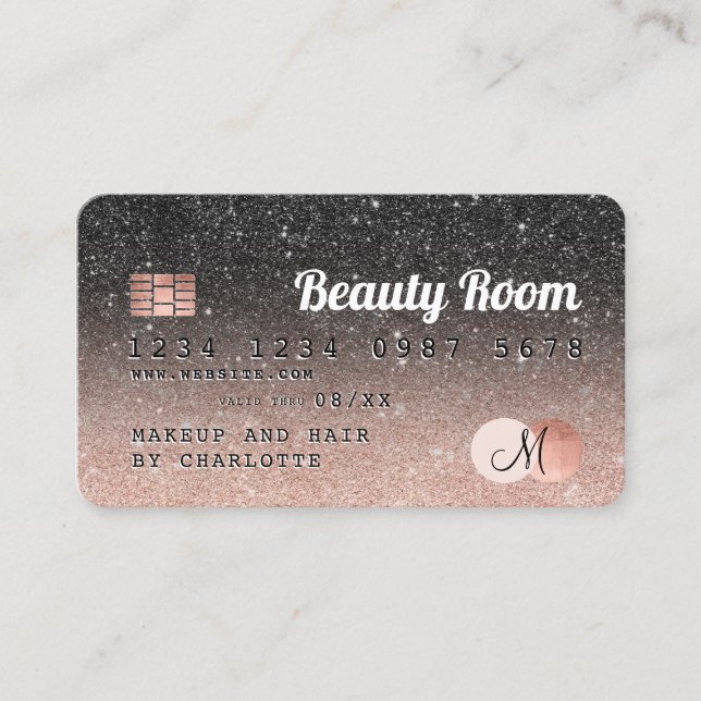 Credit card rose gold black glitter monogram (Front)
