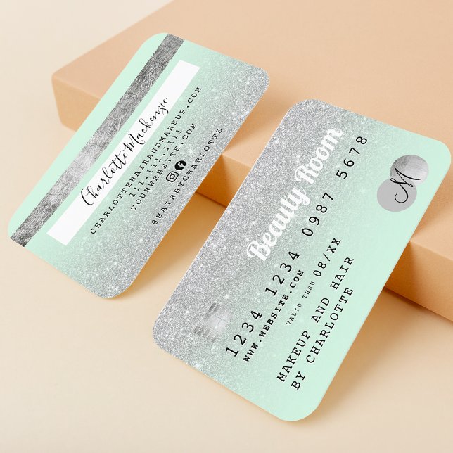 Credit card silver glitter beauty mint monogram (Creator Uploaded)