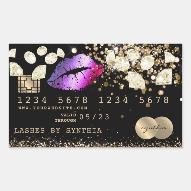 Credit Debit Card Styled Glitter Gold lips diamond Rectangular Sticker (Front)
