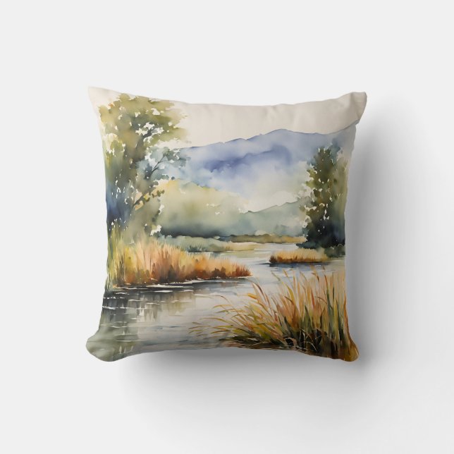 Creek Reeds Waterscape Mountains  Cushion (Front)