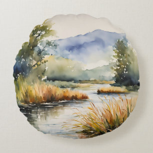 Creek Reeds Waterscape Mountains Round Cushion