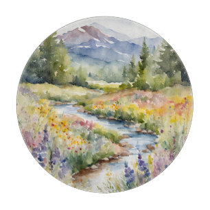 Creek Wildflowers Mountains Waterscape Watercolor  Cutting Board