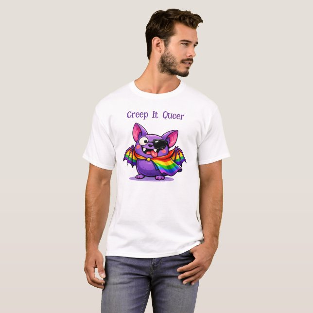 🦇🌈Creep It Queer  Eyepatch Rainbow Bat T-Shirt (Front Full)