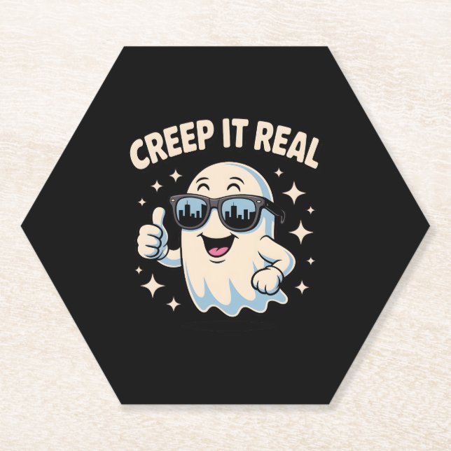 Creep It Real, Cute Halloween Ghost Paper Coaster (Front)