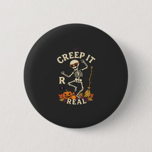 Creep It Real Dancing Skeleton Pumpkin Broom_1 6 Cm Round Badge