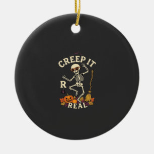 Creep It Real Dancing Skeleton Pumpkin Broom_1 Ceramic Tree Decoration