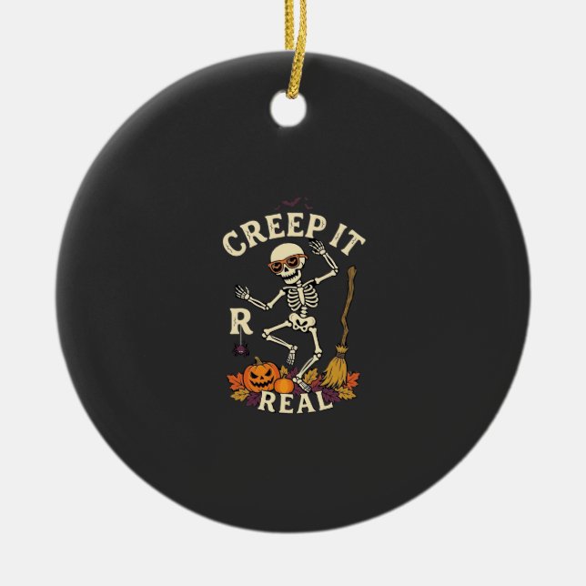 Creep It Real Dancing Skeleton Pumpkin Broom_1 Ceramic Tree Decoration (Front)
