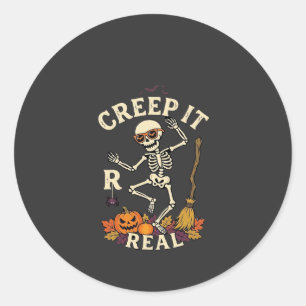 Creep It Real Dancing Skeleton Pumpkin Broom_1 Classic Round Sticker