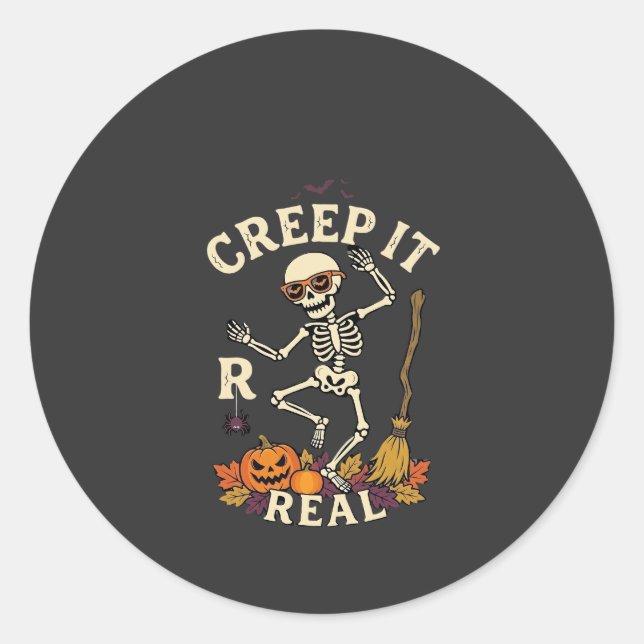 Creep It Real Dancing Skeleton Pumpkin Broom_1 Classic Round Sticker (Front)