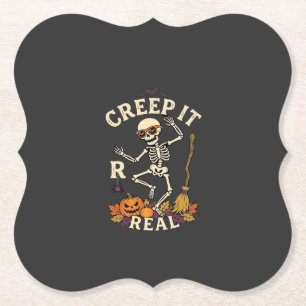 Creep It Real Dancing Skeleton Pumpkin Broom_1 Paper Coaster