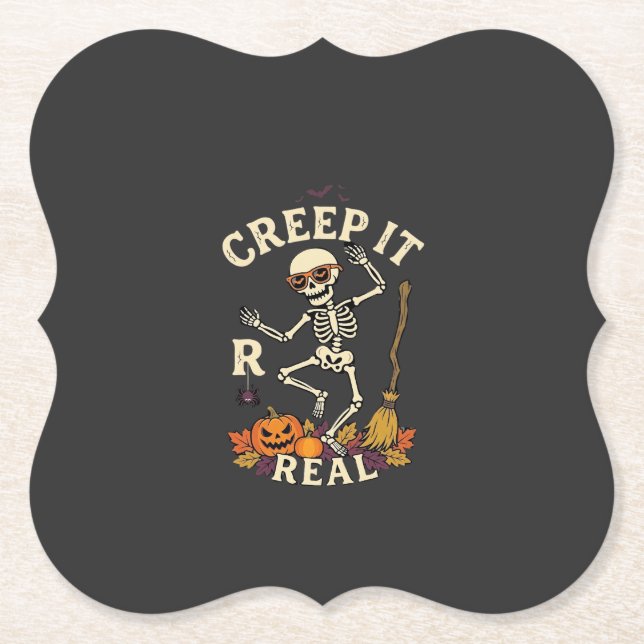 Creep It Real Dancing Skeleton Pumpkin Broom_1 Paper Coaster (Front)