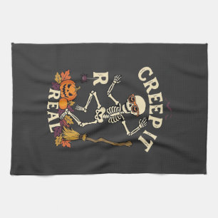Creep It Real Dancing Skeleton Pumpkin Broom_1 Tea Towel