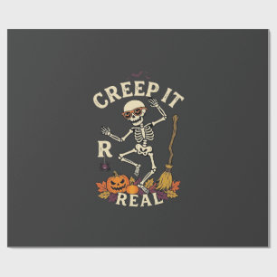 Creep It Real Dancing Skeleton Pumpkin Broom_1 Wrapping Paper