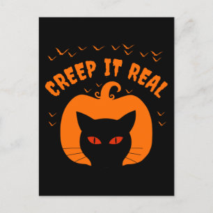 CREEP IT REAL FUNNY CAT HALLOWEEN POSTCARD