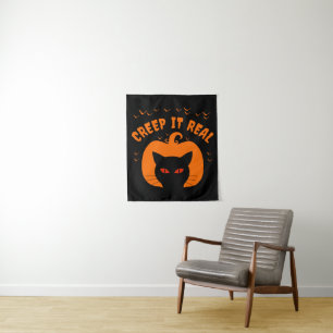 CREEP IT REAL FUNNY CAT HALLOWEEN TAPESTRY