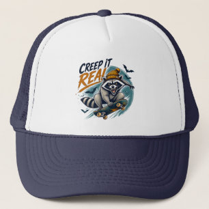 Creep It Real Funny Racoon Skateboarding Trucker Hat