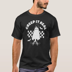 Creep It Real Ghost Skateboard 90s Halloween Check T-Shirt