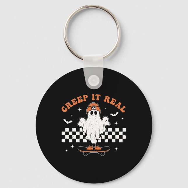 Creep It Real Ghost Skateboard Retro Cute Hallowee Key Ring (Front)