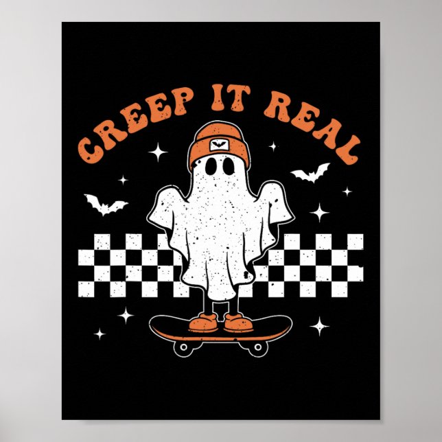 Creep It Real Ghost Skateboard Retro Cute Hallowee Poster (Front)