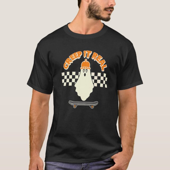 Creep It Real  Ghost Skater Boy Skateboard  Beanie T-Shirt (Front)