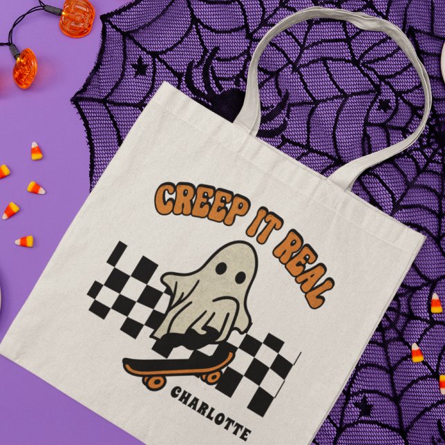 Creep It Real Halloween Skateboarding Ghost Name Tote Bag (Creator Uploaded)