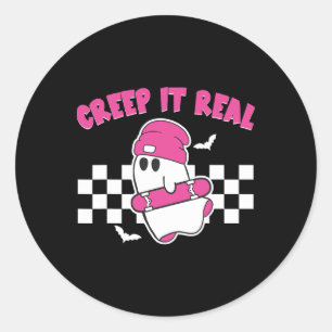Creep It Real Halloween Ts Groovy Pink Ghost Skate Classic Round Sticker