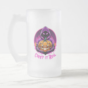 Creep it Real, Horror Halloween illustration Frosted Glass Beer Mug