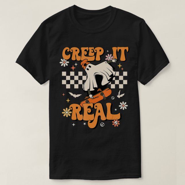 Creep It Real Retro Halloween Party Funny Ghost Sk T-Shirt (Design Front)