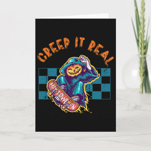 Creep It Real Retro Halloween Pumpkin Skateboardin Card