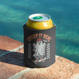Creep It Real Retro Halloween Skate Ghost  Can Cooler
